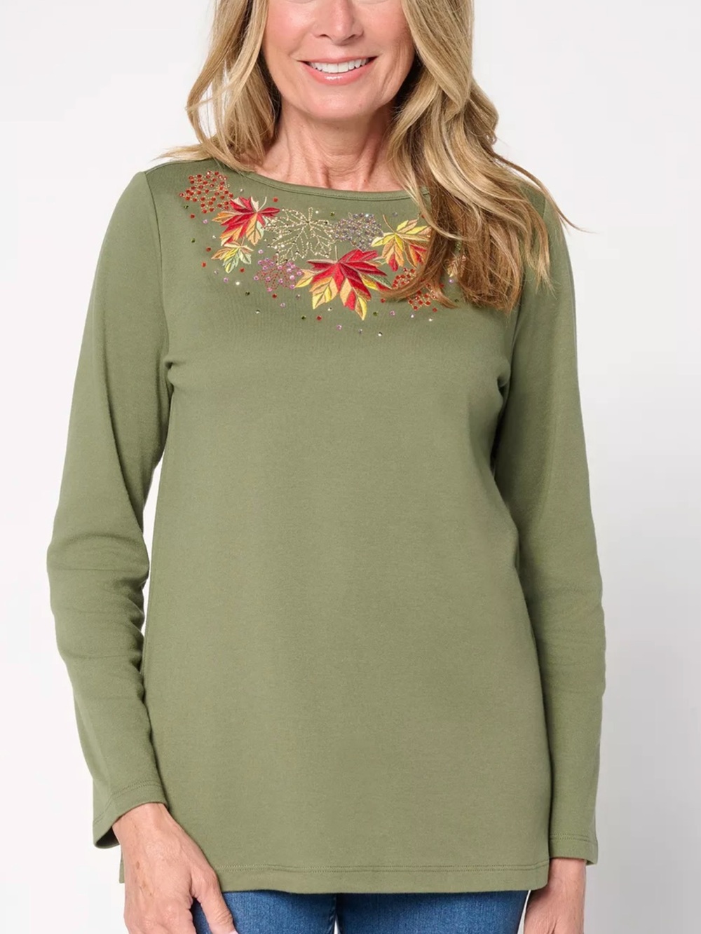 Quacker Factory NWT Shades of Fall Women’s Olive Green Long Sleeve Shirt, size L